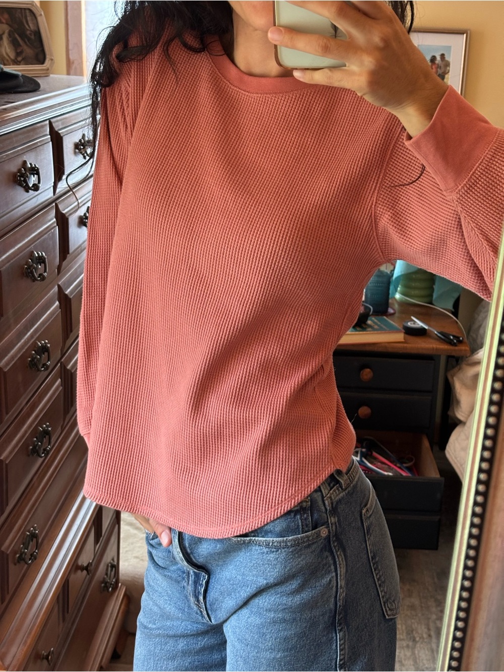 Uniqlo Waffle Knit Long-Sleeve Top - Dusty Pink
